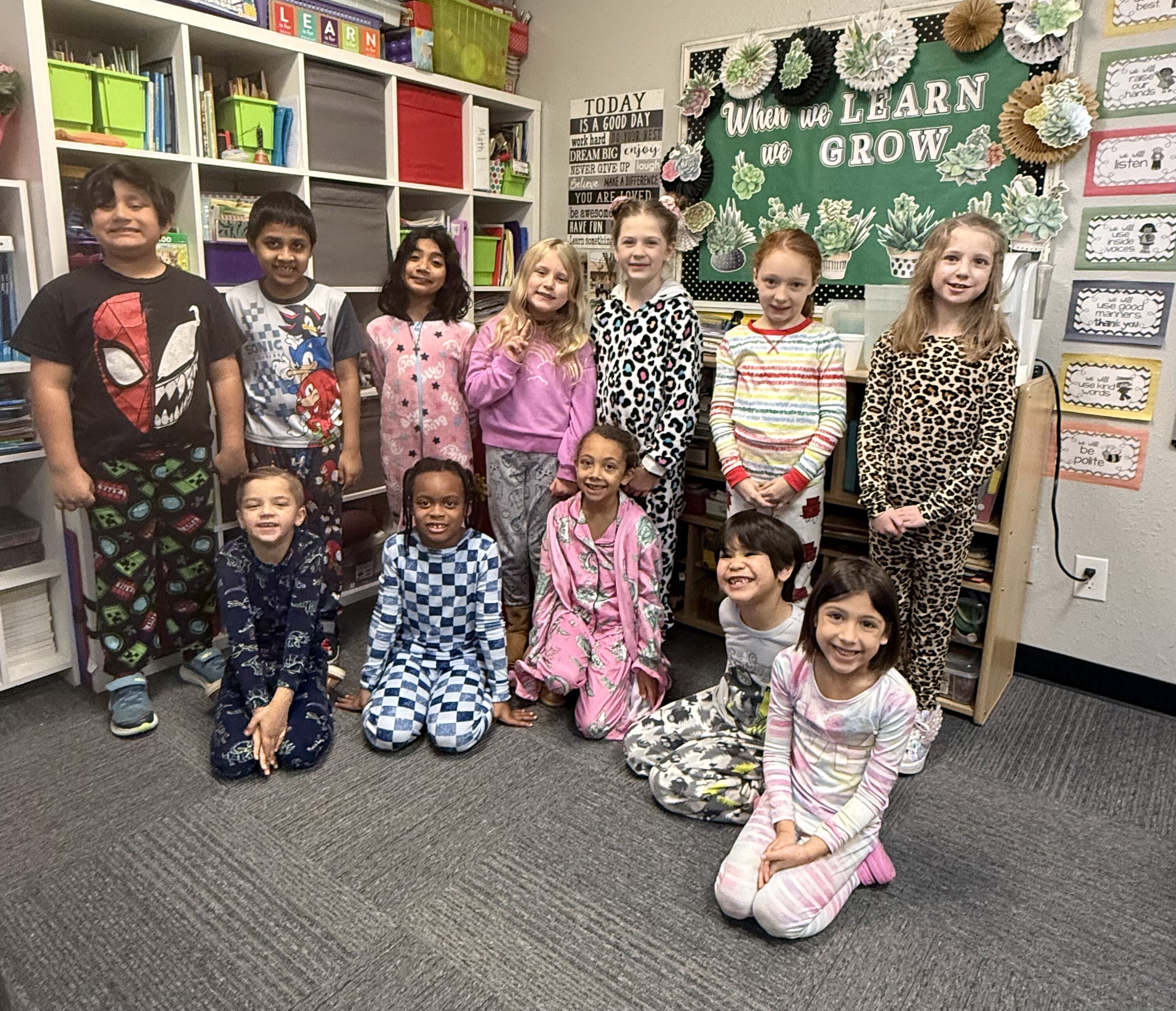 Elementary students in class pajamas day